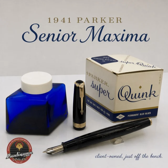 Stunning 1941 Parker Vacumatic Maxima Fountain Pen, just off the bench. Note: text and logo added with AI.

#parkermaxima #parkervacumatic #vacumaticmaxima #fountainpenrestoration #parkerpen